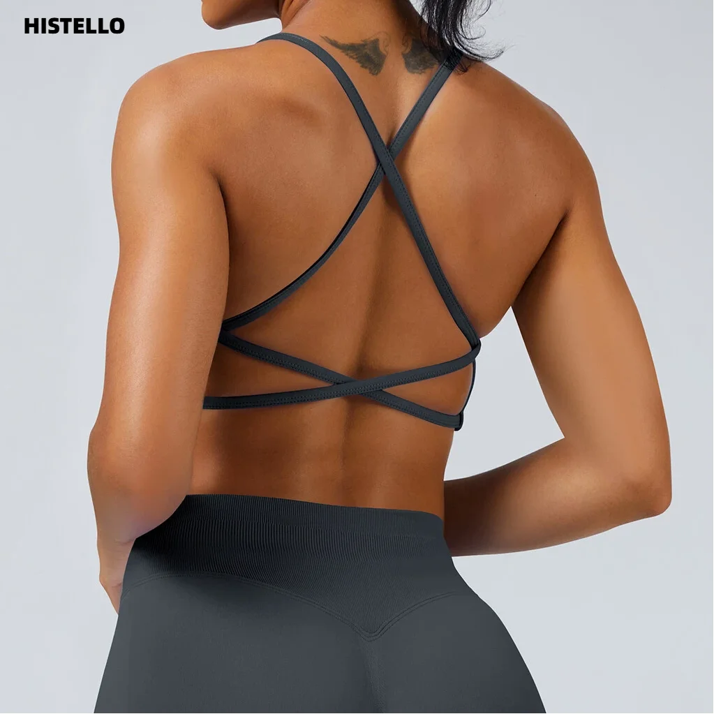 HISTELLO Backless Sports Bra Women Fitness Underwear Back Cross High Support Gym Crop Top Training Running Workout Seamless Bra