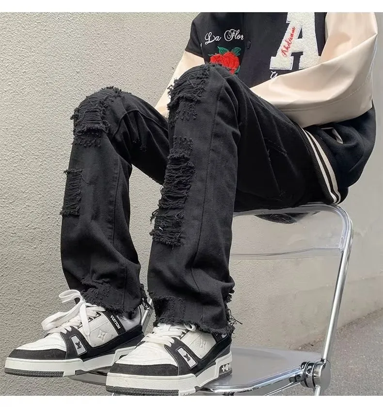 2024 spodnie y2k Streetwear weiß schlank zerrissen gestapelte Jeans Hosen für Männer Kleidung Gothic gebürstet lange Hosen Pantalones Hombre – Detail 13
