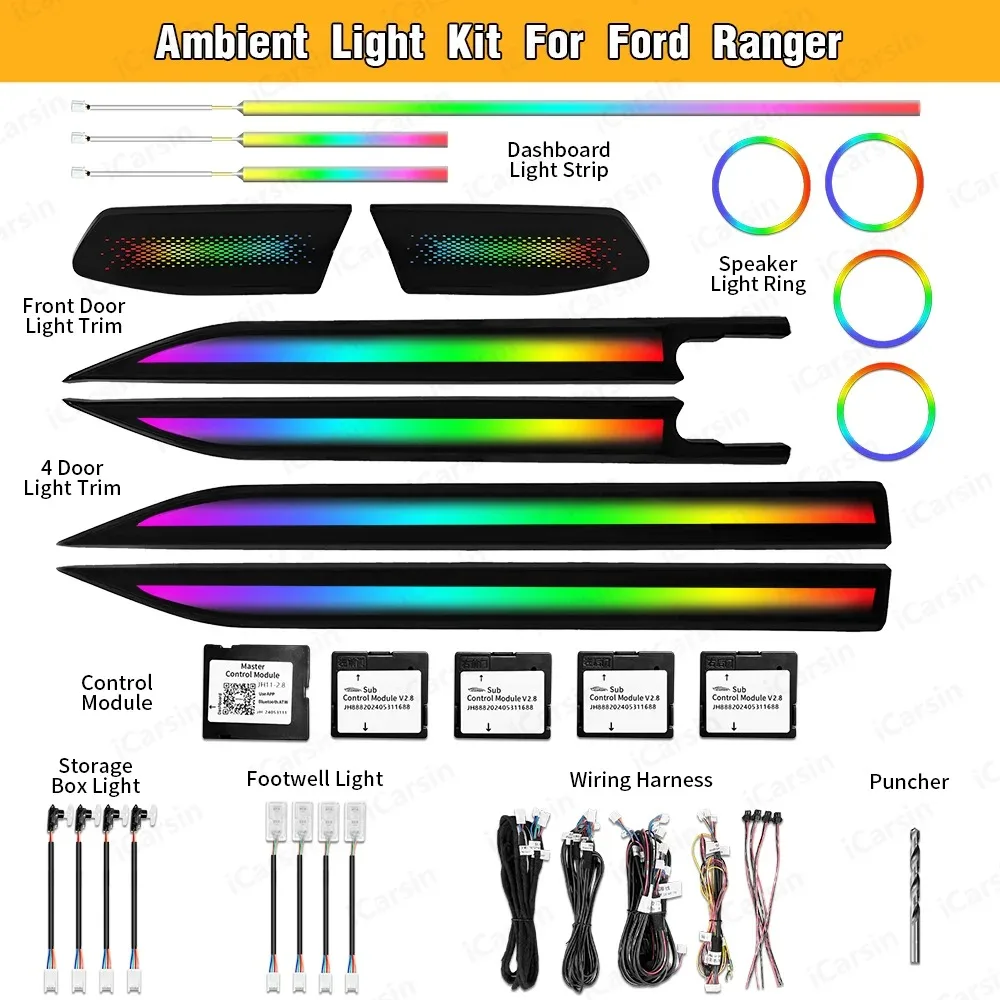 

64 Color Dynamic Ambient Light for Ford Ranger 2023-2024 Interior LED Lighting Upgrade Accessories Kit