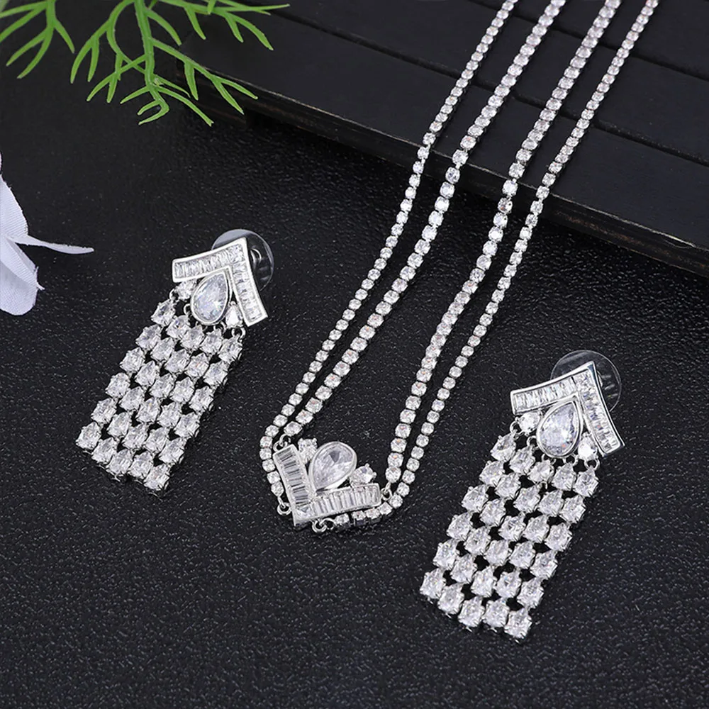 

Luxury Rectangle Round Watterdrop Tassel Double Chain Necklace Earrings For Women Full Cubic Zirconia Bridal Jewelry Sets A0266