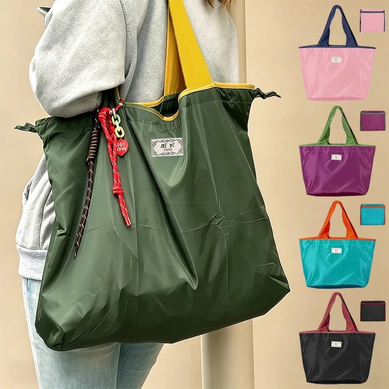 Portable Handbag Lightweight Tote Bag Reusable Grocery Bags Foldable Large High-Capacity Shopping Bag with Drawstring Closure