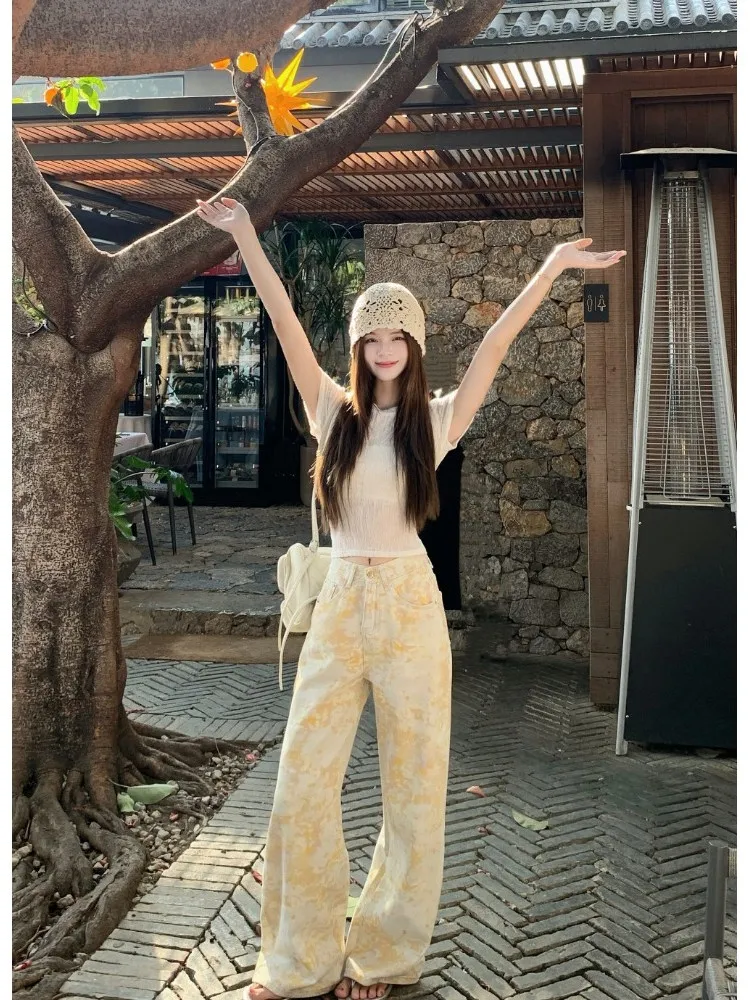 하이웨이스트 염색 프린트 루즈핏 여성 청바지 미국 스타일 여름 와이드 레그 팬츠 스트레이트 컷 바지 롱 플로어 길이 디자인