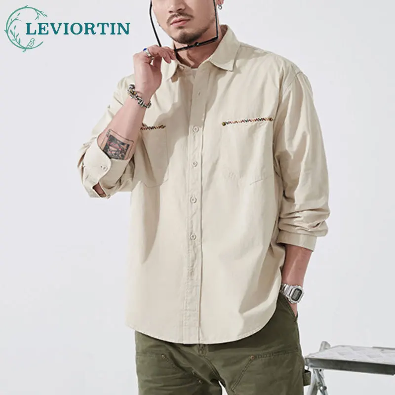 

Spring new men's Japanese retro workwear shirt embroidered versatile simple loose pocket design casual long sleeved shirt