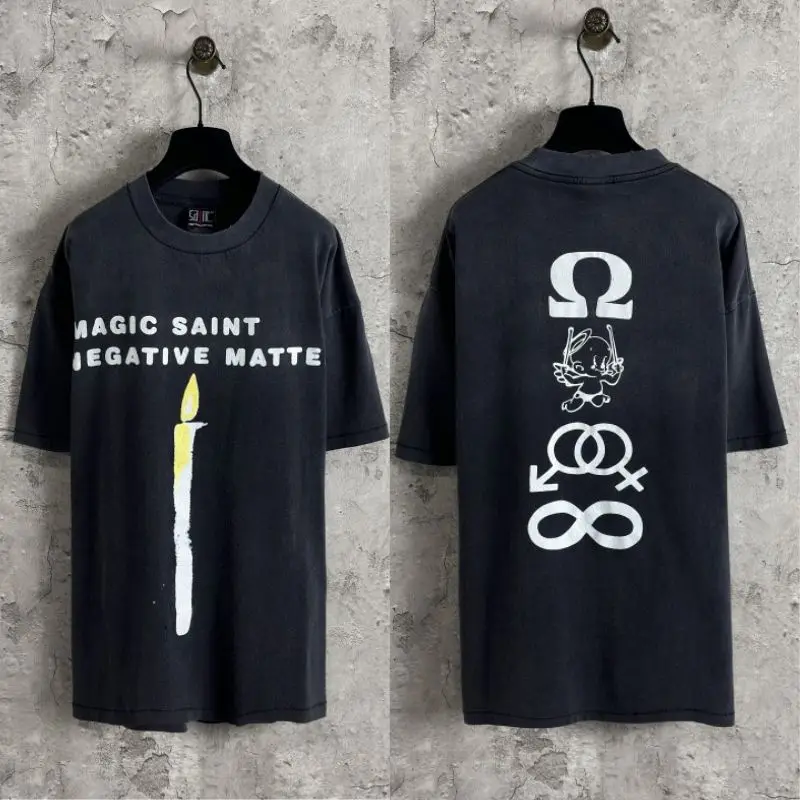 Cotton Saint Tshirts Candle Print Male Female Symbols Devil Baby Black  Round Neck Short Sleeve Summer Street Outfit Unisex Tops