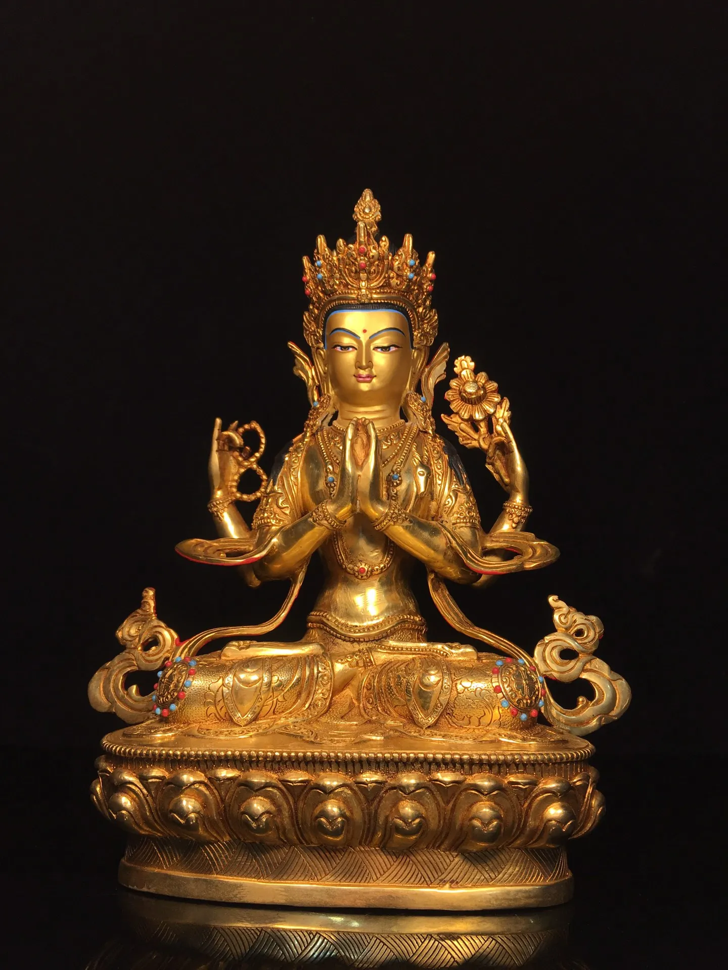 Brass gilt painted face drawing gem Tara four arms Guanyin Bodhisattva Buddha home incense case antique ornament 33 cm