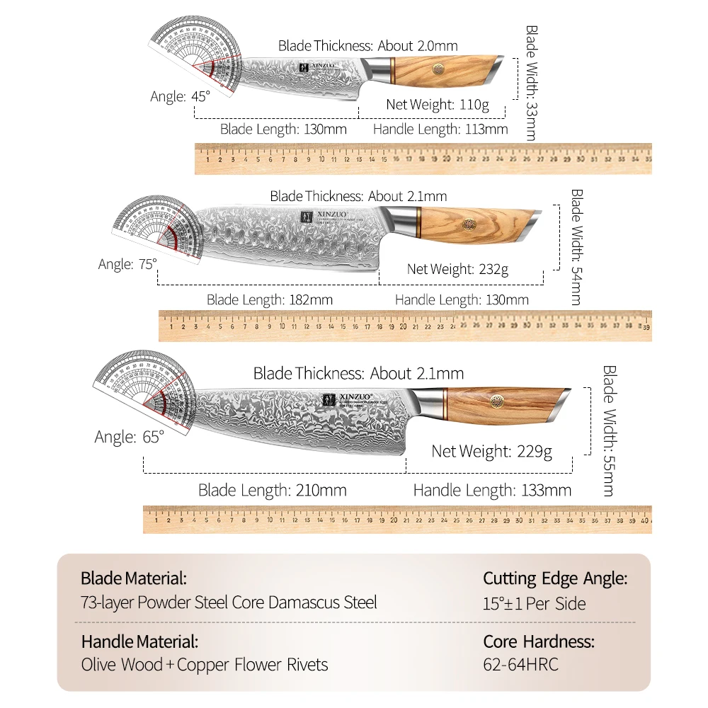 XINZUO 73 Layers Damascus Steel 1pc Or 3pcs Knife Set Kitchen Knives Chef Utility Knife High Carbon Power Steel Olive Handle