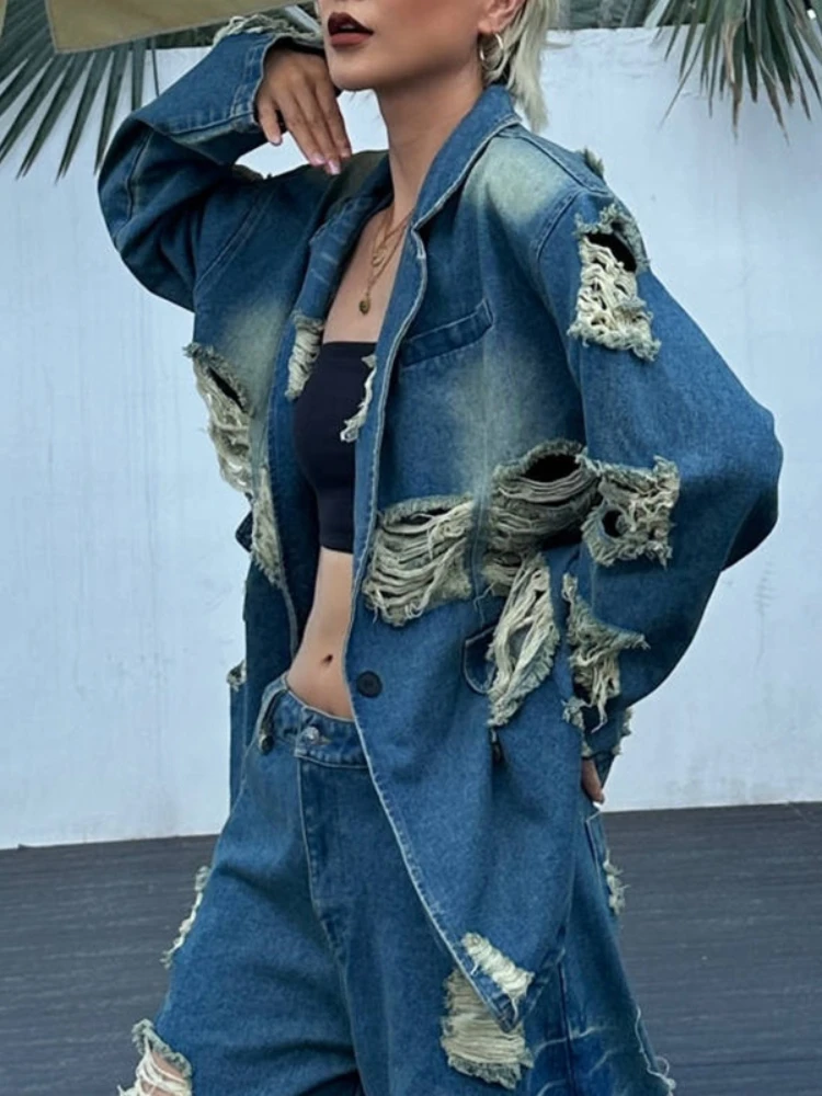 Vintage Street Denim Suit 2023 Autumn Ripped Tassel Loose Blazer Coat+Wide Leg Casual Jeans Straight Pants Two-Piece Set