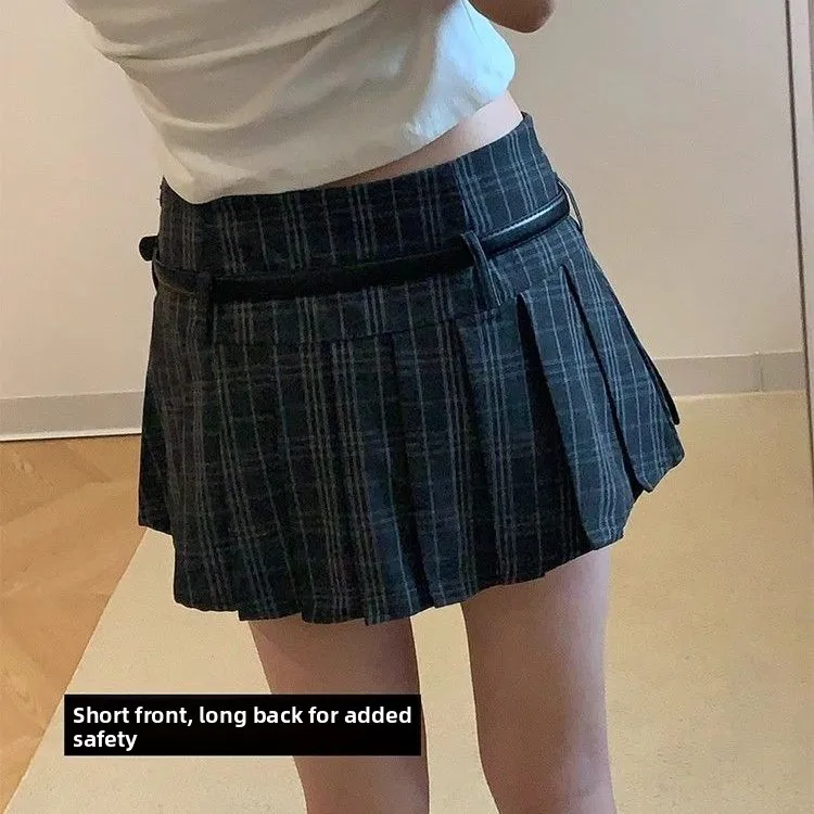 High Waist A-Line  Skirt Women's Plaid Pleated ort Skirt Trendy Summer Faion Versatile Anti-Light Cheered Skirt