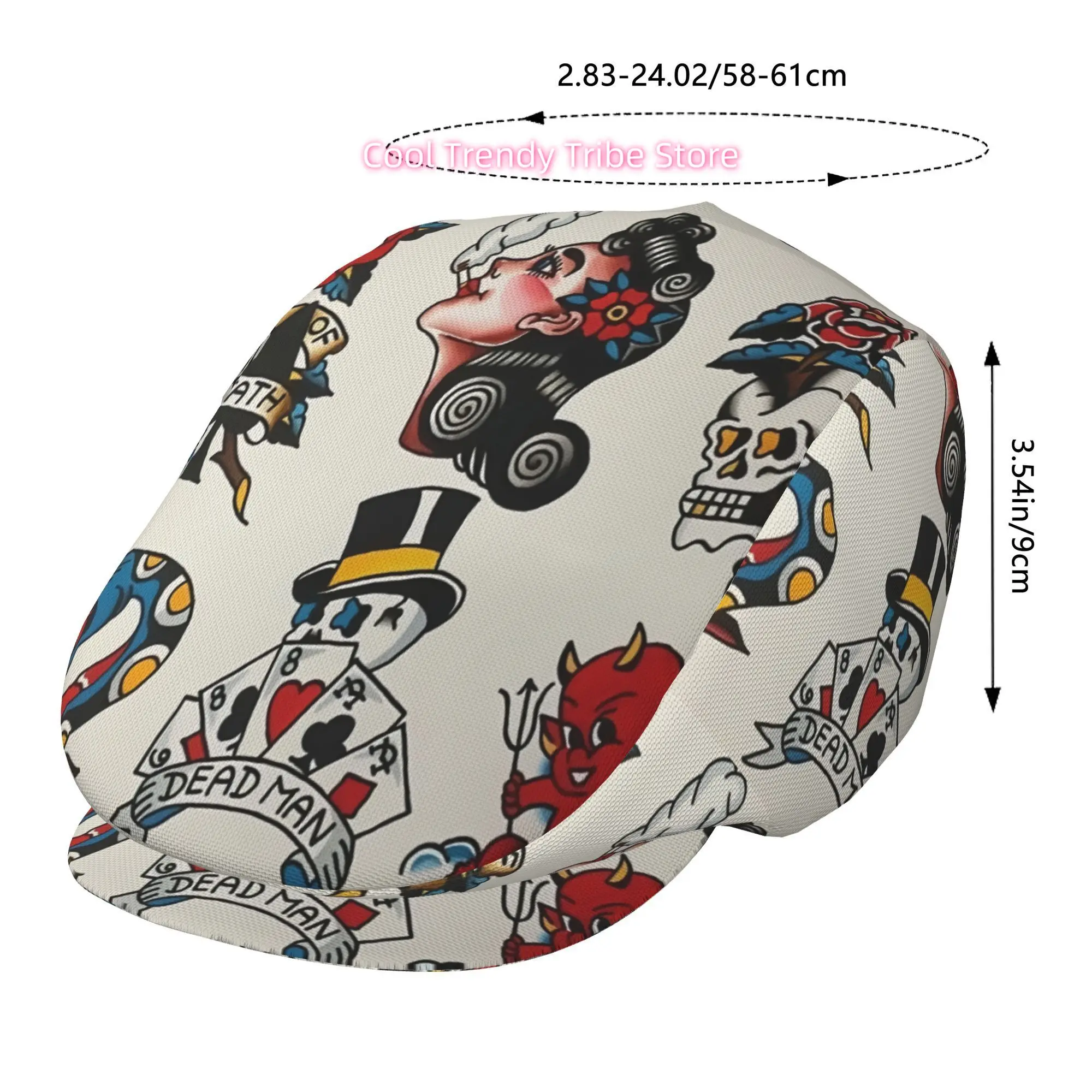 1pc Death Rose Tattoo Illustration Full Face Print Beret Fashion Newsboy Cap Unisex Golf Cap Outdoor Sports Leisure Activities F