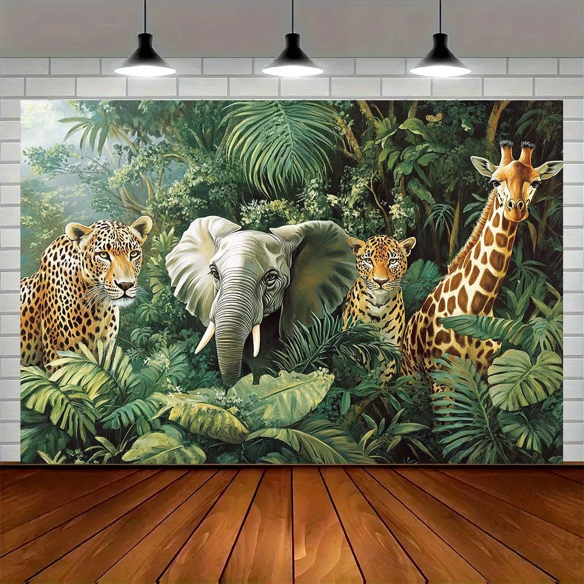 Tela de fondo con temática de aventura en la jungla, con elefantes, leopardos, jirafas y un paisaje verde exuberante.