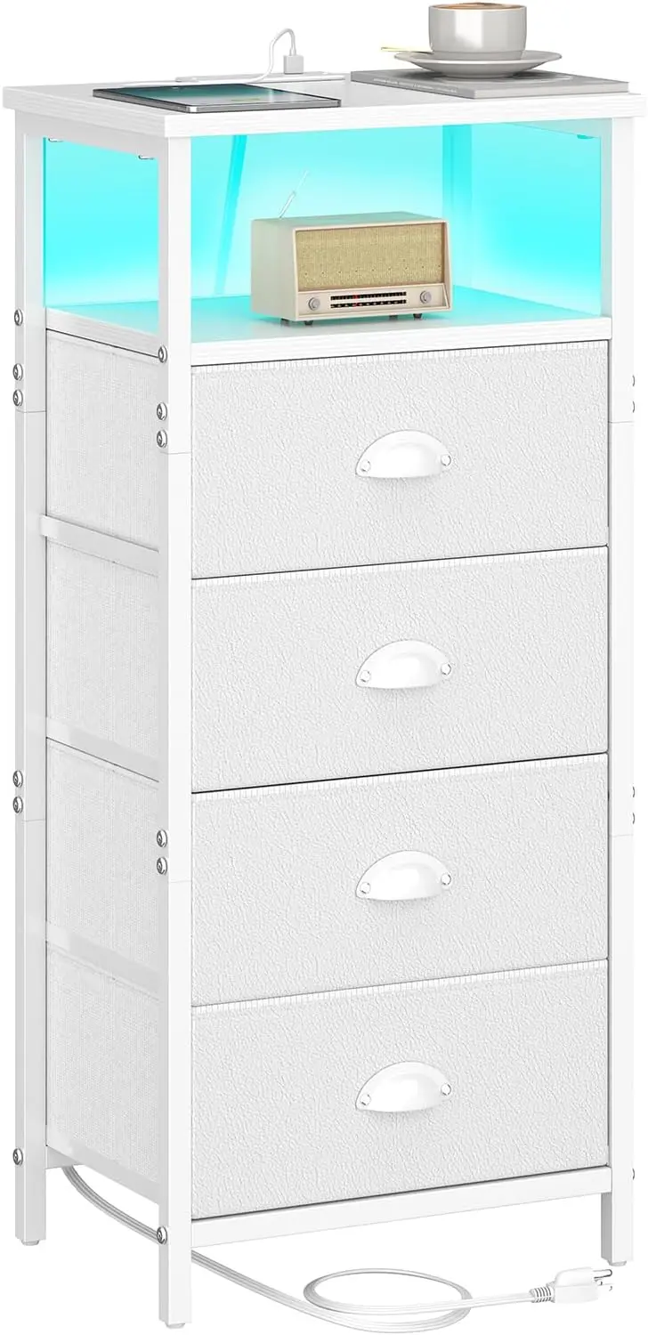 

Nightstand with Charging Station,LED White Nightstand with 4 Fabric Drawers PU Finish, Bedside End Tables, 2-Tier Open Storag