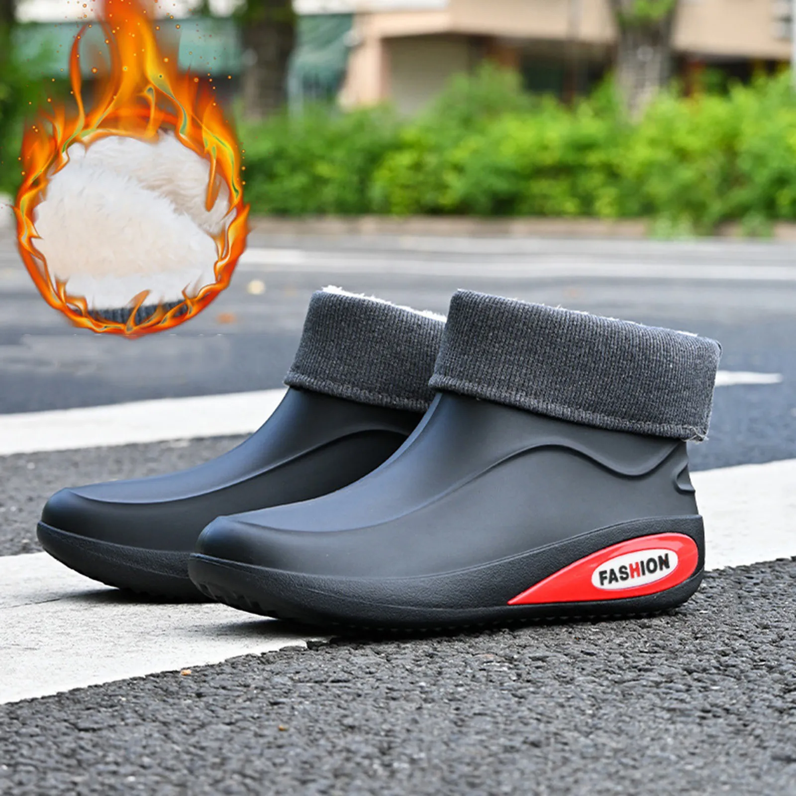 New Short Tube Men's Stylish Winter Outdoor Warm Velvet Rainboots Waterproof Anti-Slip Work Shoes Kitchen Fishing Water Shoes image 6