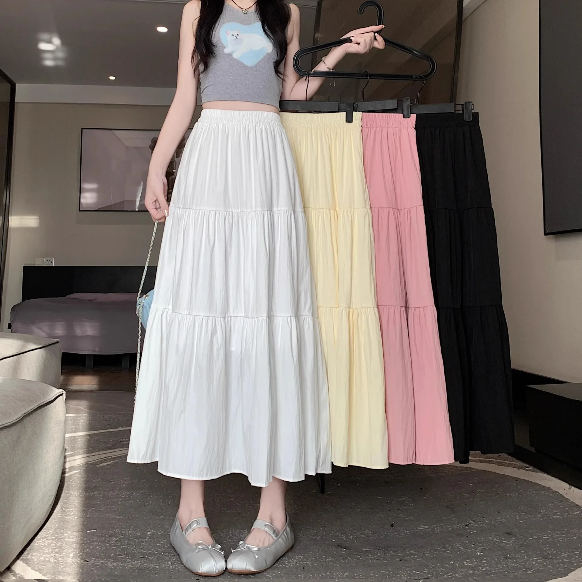 High-waisted Slimming Draped A- line Skirt For Women Petite Elastic Waist Summer Cake Skirt Long Dress