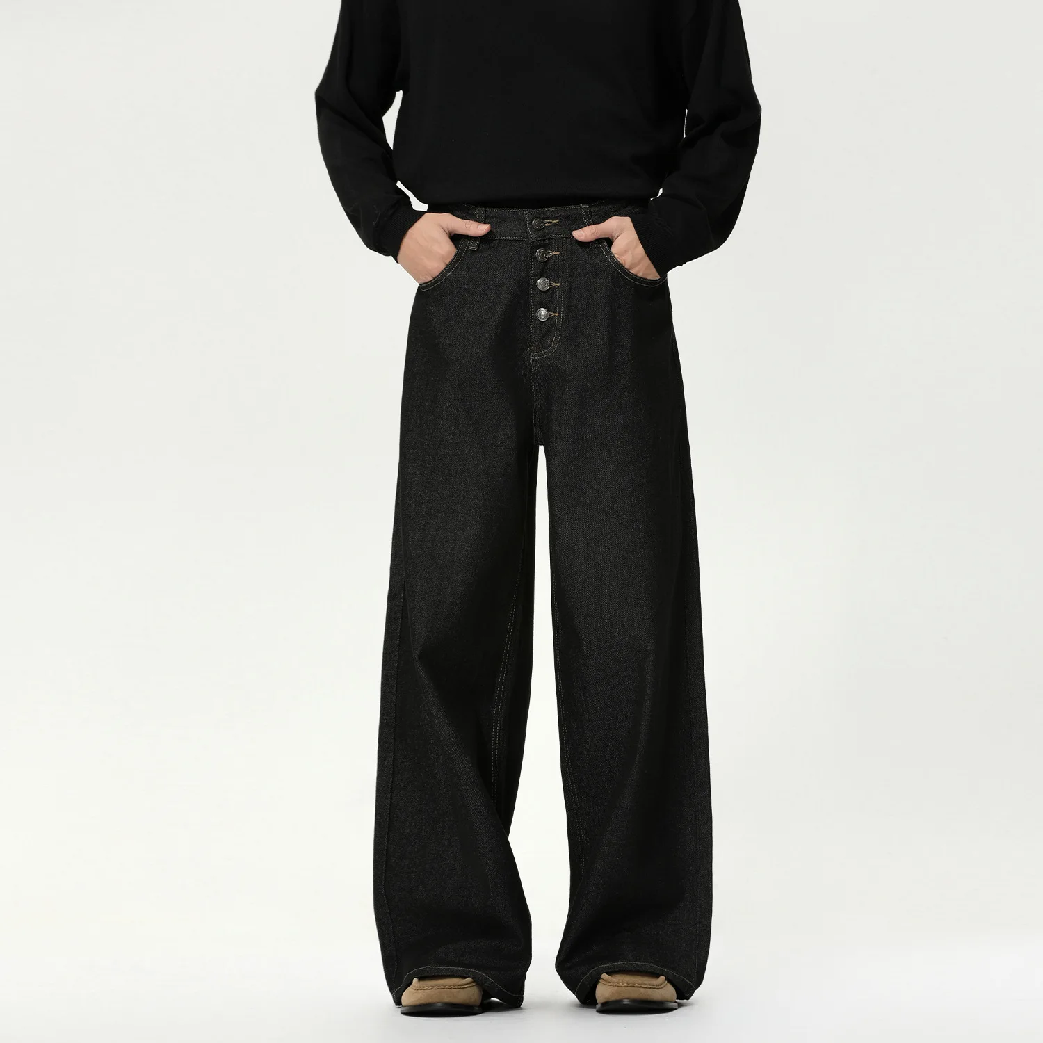 2026 Spring Retro Multi-button Mid-waist Original Cow Basic Wide-leg Straight Washed Jeans Versatile