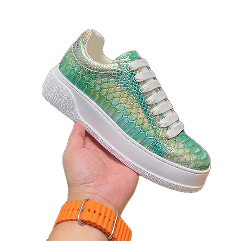 

Platform Sneakers Men Calfskin Leather SnakeSkin Pattern Casual Shoes Lace Up Round Toe Flats Daily Footwear