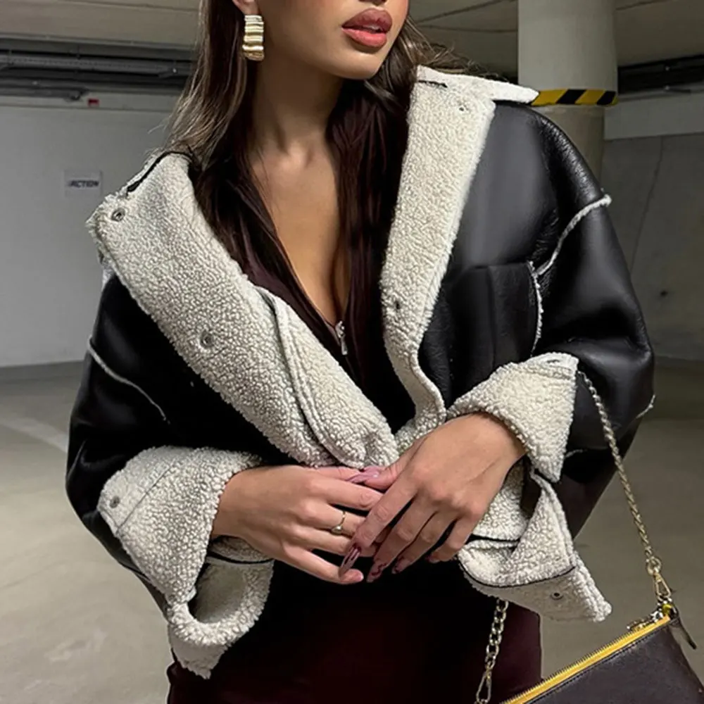 เสื้อแจ็คเก็ตหนังหนาสำหรับผู้หญิง สไตล์สตรีทอบอุ่น ตัดสั้น บุขน คอตั้ง ทรงมอเตอร์ไซค์ สำหรับฤดูใบไม้ร่วงและฤดูหนาว