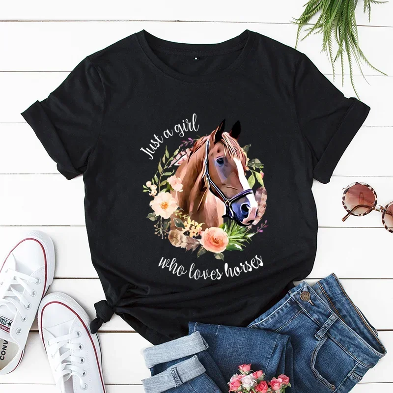 Just A Girl Love Horse Stampa T Shirt da donna Manica corta O Collo Maglietta da donna Flowar Horse Maglietta da donna Top Camisetas Mujer