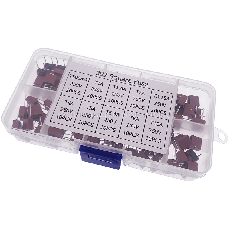 100PCS 392 Square Plastic Fuse Assortment Kit T500mA-T10A 250V 10Values x 10PCS With Box Assortment For LCD TV Power Board