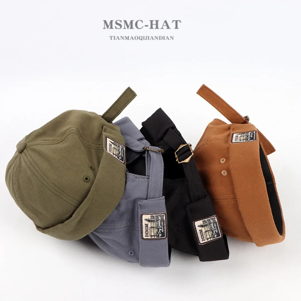 Unisex Vintage Rolled Edge Docker Cap Denim Label Adjustable Brimless Hat Washed Retro Streetwear Casual Skull Cap for Men Women