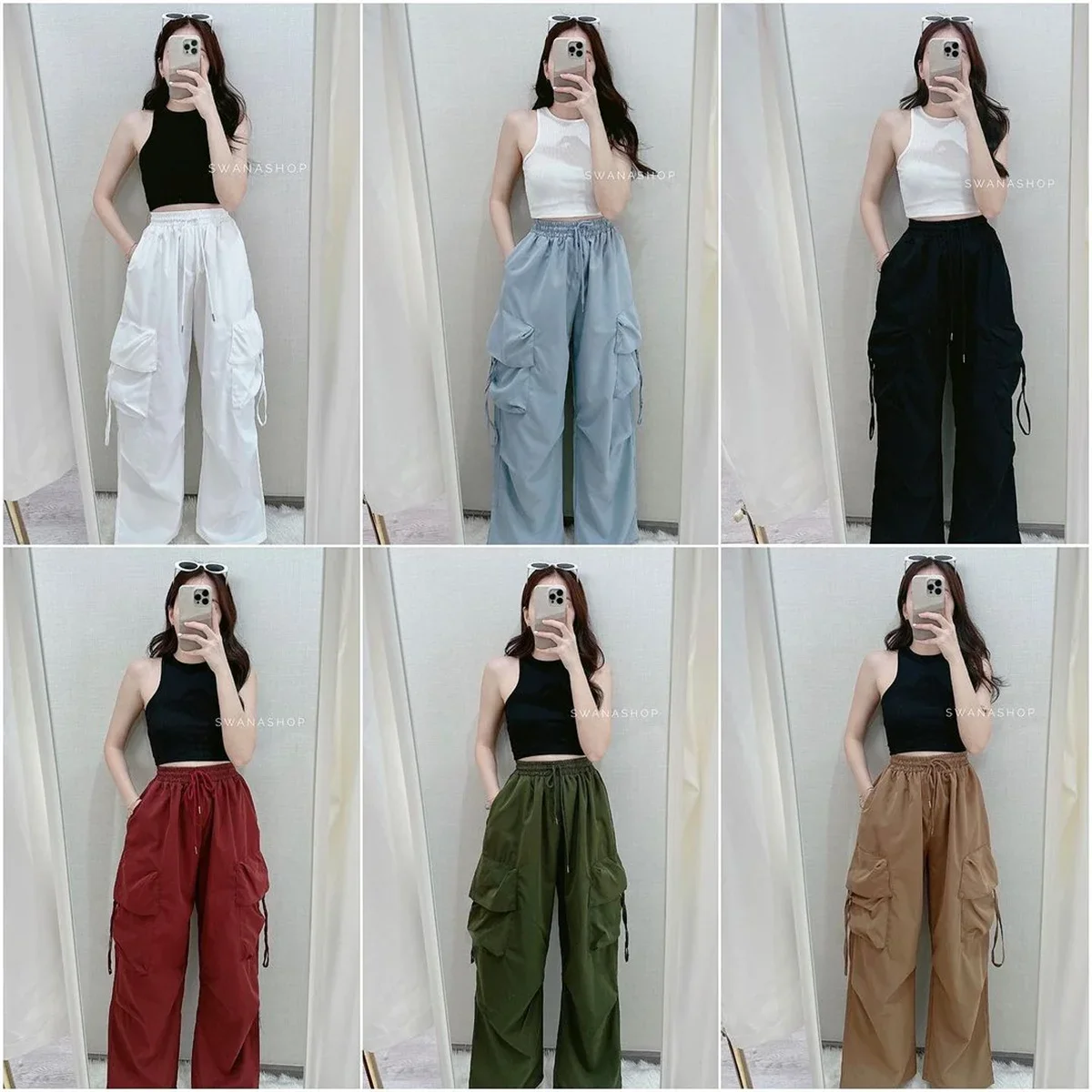 SweatPants Damen Vintage Cargo-Hosen Mode Elastischer Bund Retro Oversized Einfarbige Weite Hosen Lässige Streetwear Baggy-Hosen – Detail 5
