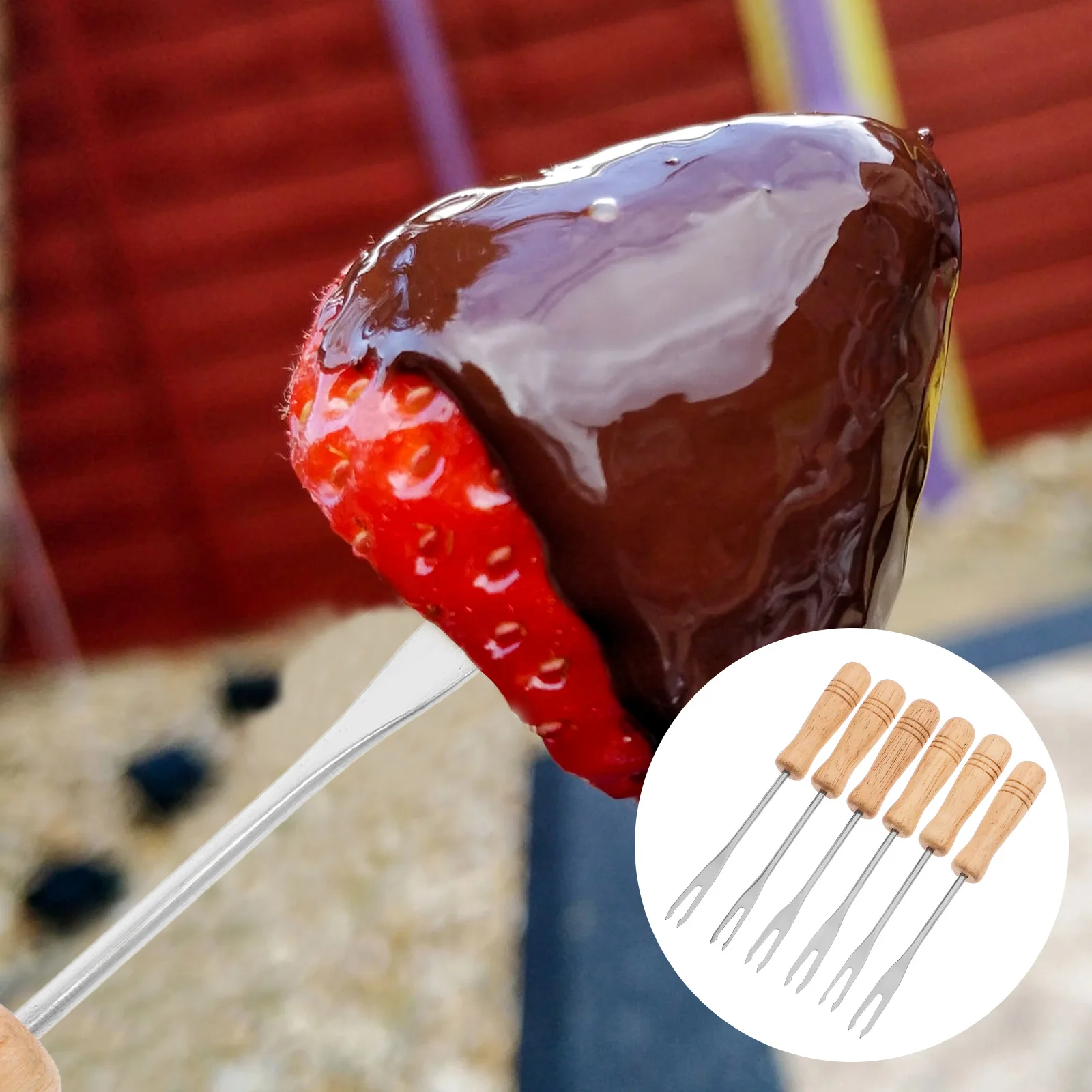 

6pcs Stirring Forks Wooden Handle Stainless Steel Chocolate Dessert Fondue Tool Kitchen Bar Utensils Easy Clean Portable