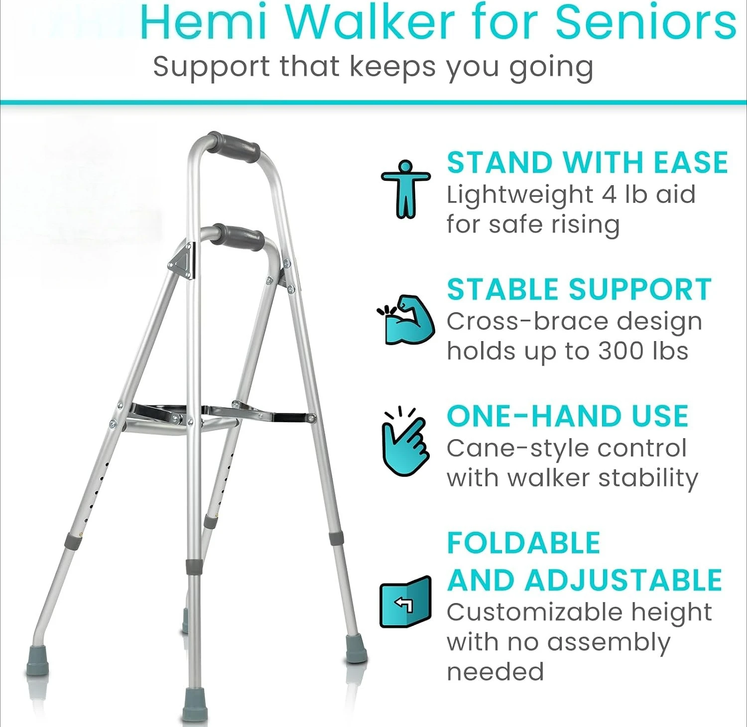 Hemi Walker for Seniors – 4 lb Lightweight, Foldable, Height Adjustable, Stand Assist & Stable Support Walker for Small Spaces