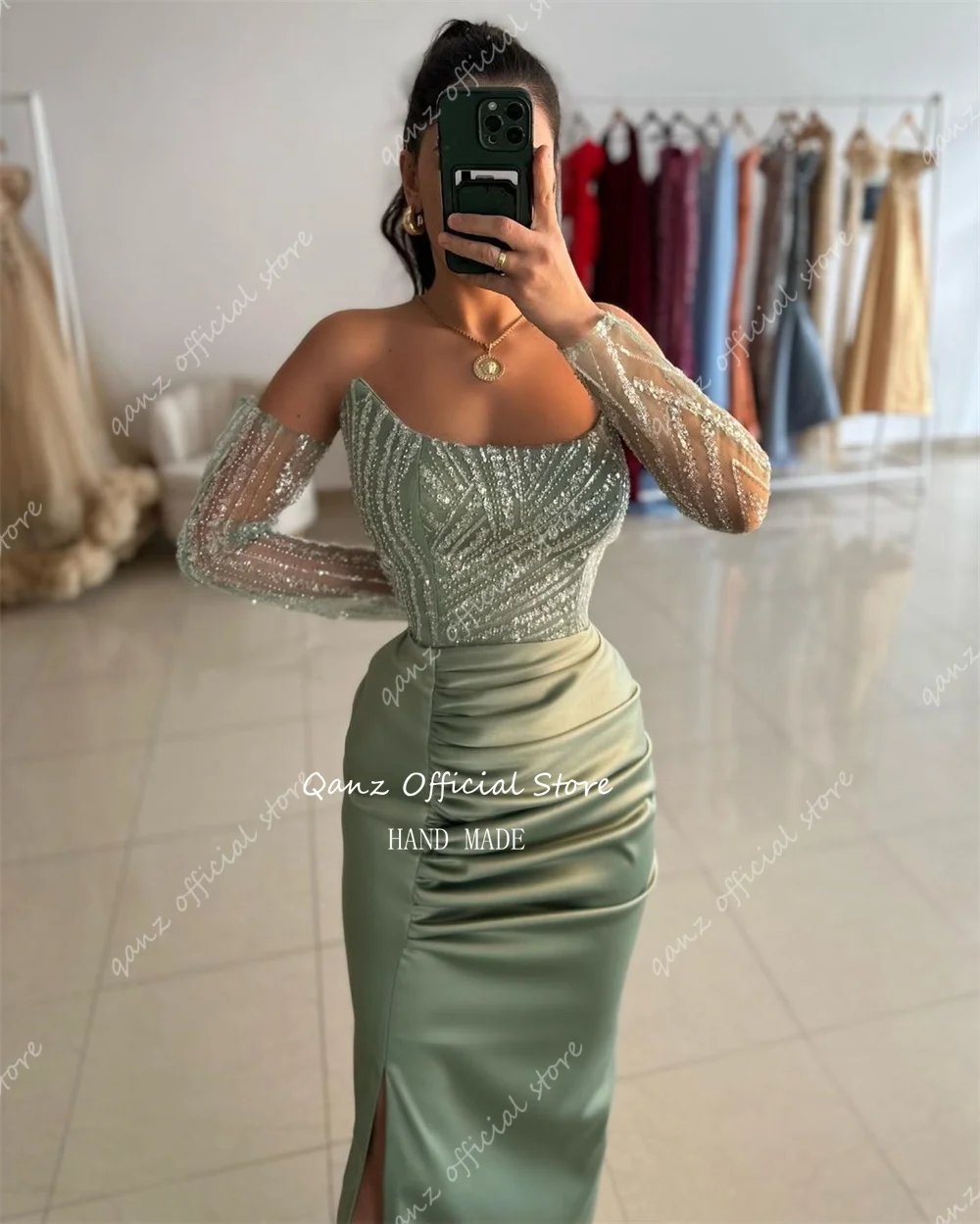 Qanz Strapless Satin Sexy Evening Dresses Long Sleeves Mermaid Pleat Lace Up Back Party Dress Women Abendkleider Customized