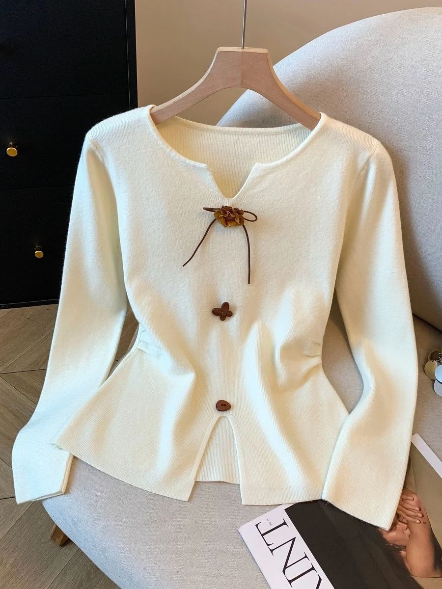 

Women's V-Ne Long Sve Knitted Sweater Slimming Base Layer Winter Faion Floral 3D Design Uneven Waistline Bodycon Sle