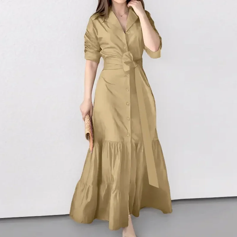 

LIBIELIY 2025 Elegant Button Lace-up Party Dress Women Fashion Lapel Collar Pleated Shirt Dress Casual Long Sleeve Solid Loose
