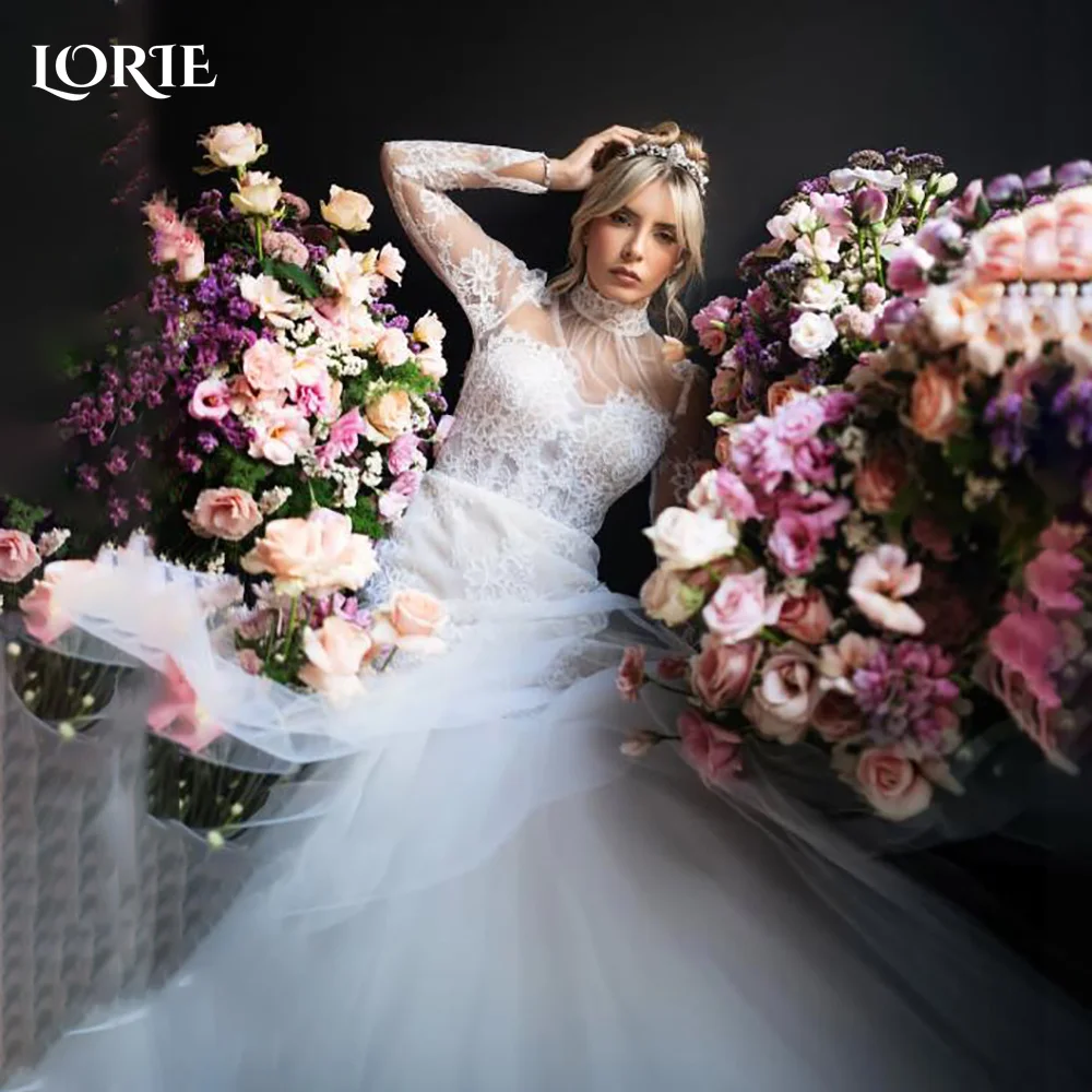 LORIE 3D Flowers Mermaid Wedding Dresses High Collar A-Line Puff Sleeve Long Sleeve Bridal Gown Princess Bride Dress Customized