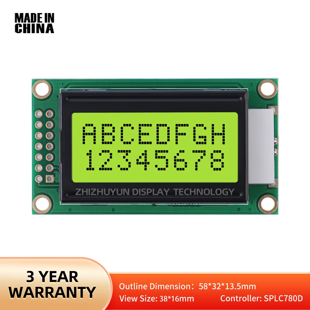 Manufacturer LCM0802B-2 LCD Display Screen Yellow Green Membrane SPLC780D Display Module 14PIN LCD Screen