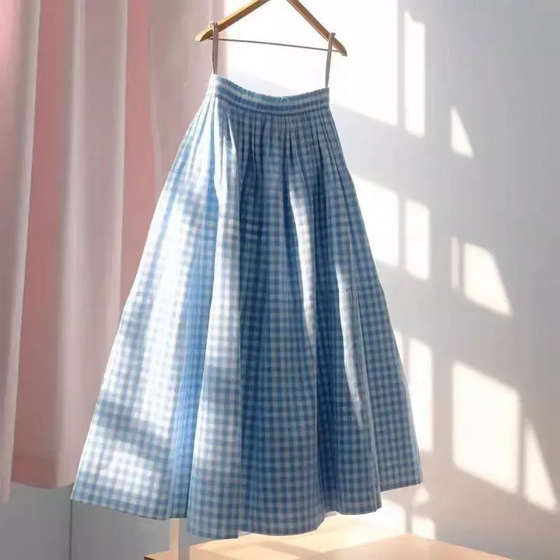 Blue Plaid Umbrella Skirt Beautiful Unique A-line Skirt for Women New Niche Non-similar Dress Spring and Summer