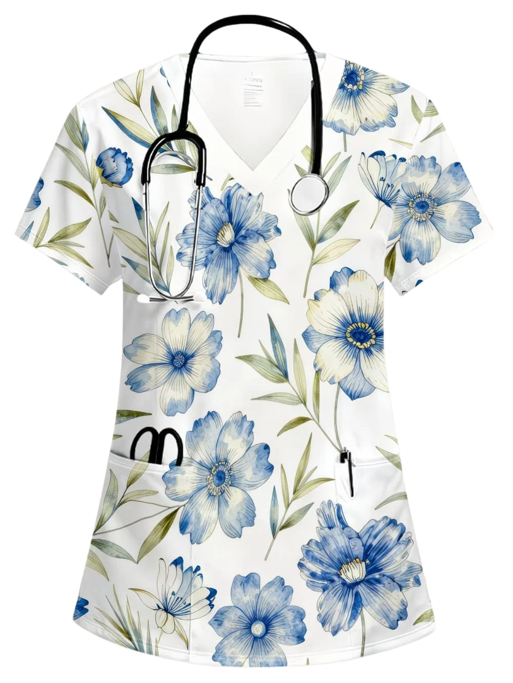 Womens Work Flowers T-Shirt Stretch Scrubs Nursing Uniform Blouse V-Neck Short Sleeve Medical Scrub Tops with Pockets Wholesale