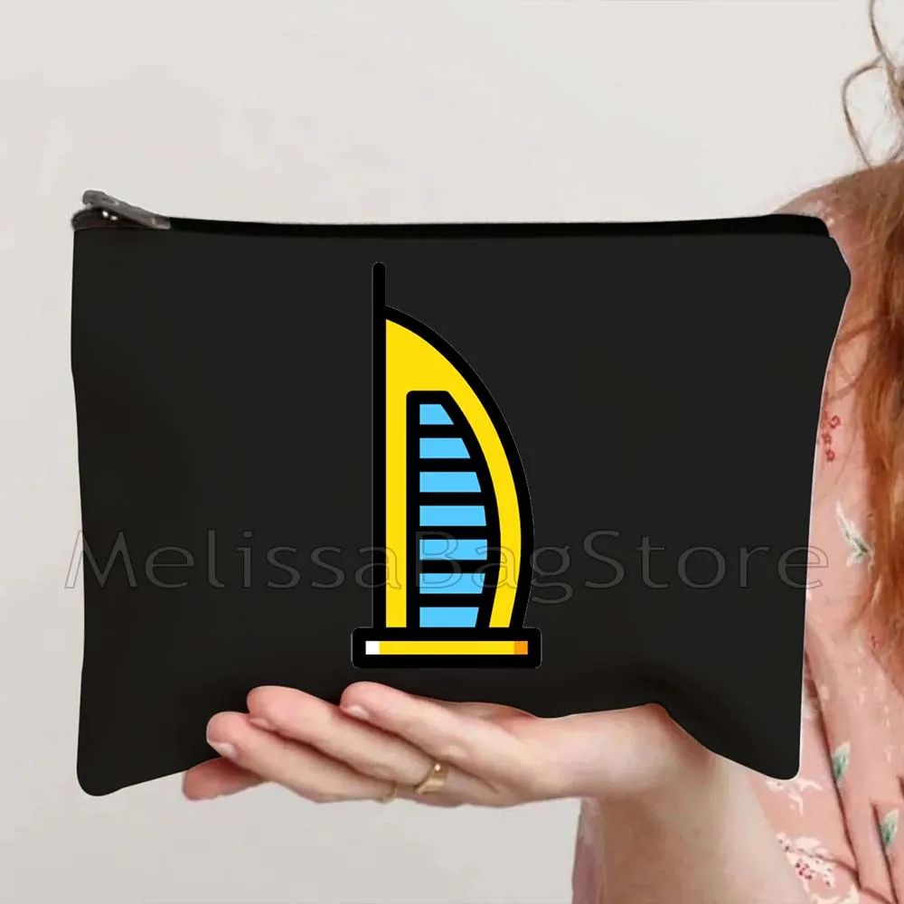 UAE Emirati Skyscraper Burj Khalifa Heart Dubai Skyline Retro United Arab Emirates Sunset Canvas Cosmetic Makeup Bag Case Pouch