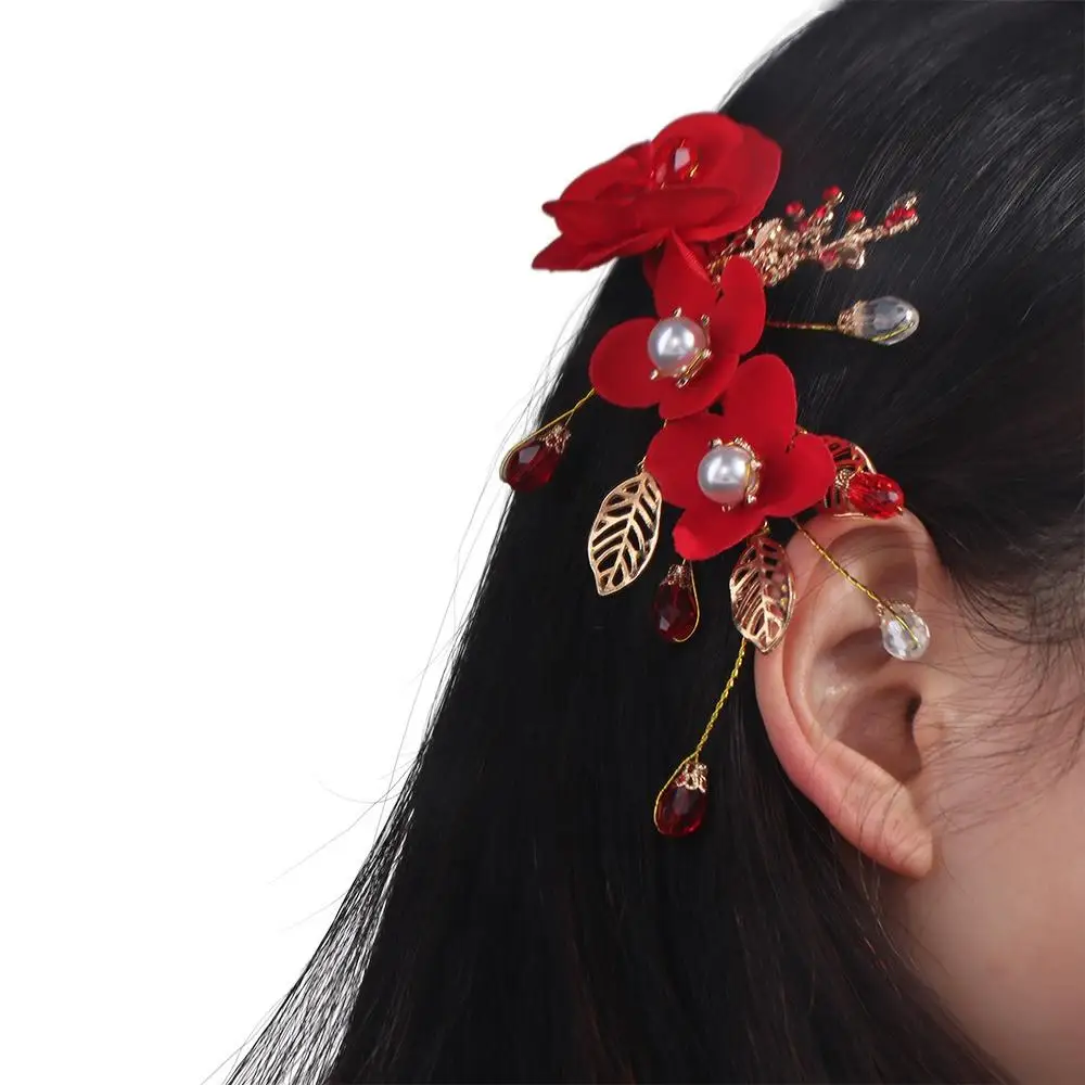 

Retro Headwear Leaf Bride Pearl New Year Crystal Women Barrettes Chinese Hanfu Hair Clips Festival Hairpins Duckbill Clips