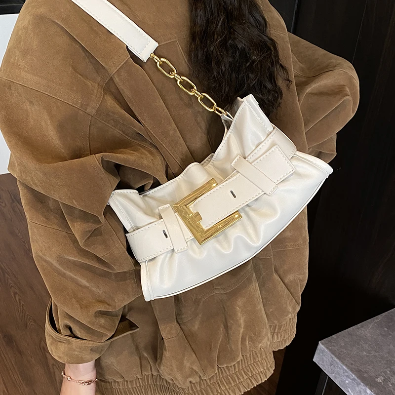 

Женская сумка через плечо из искусственной кожи с рюшами, золотистая квадратная пряжка, декоративная цепочка, повседневная сумка-кроссбоди на плечо, новинка 2026 года