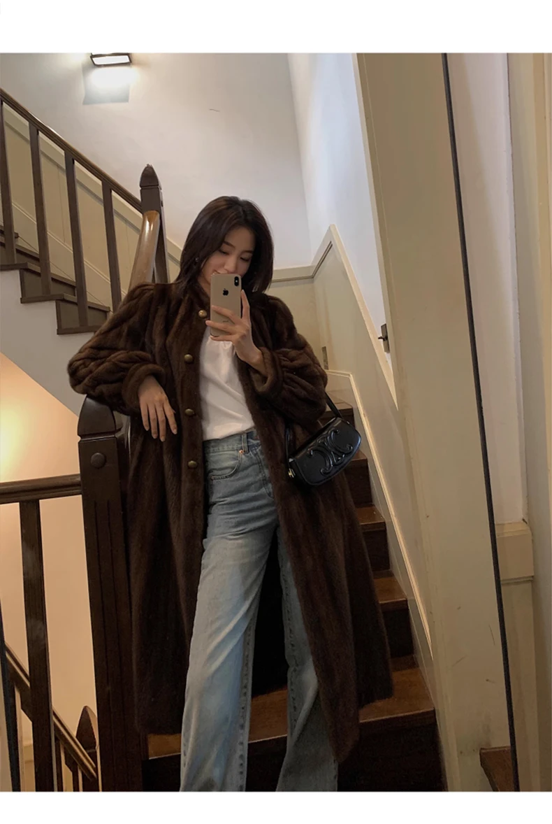 Lautaro Winter Long Brown Thick Warm Soft Faux Mink Fur Coat Women Puff Sleeve Elegant Luxury Chic Fluffy Furry Overcoat 2023