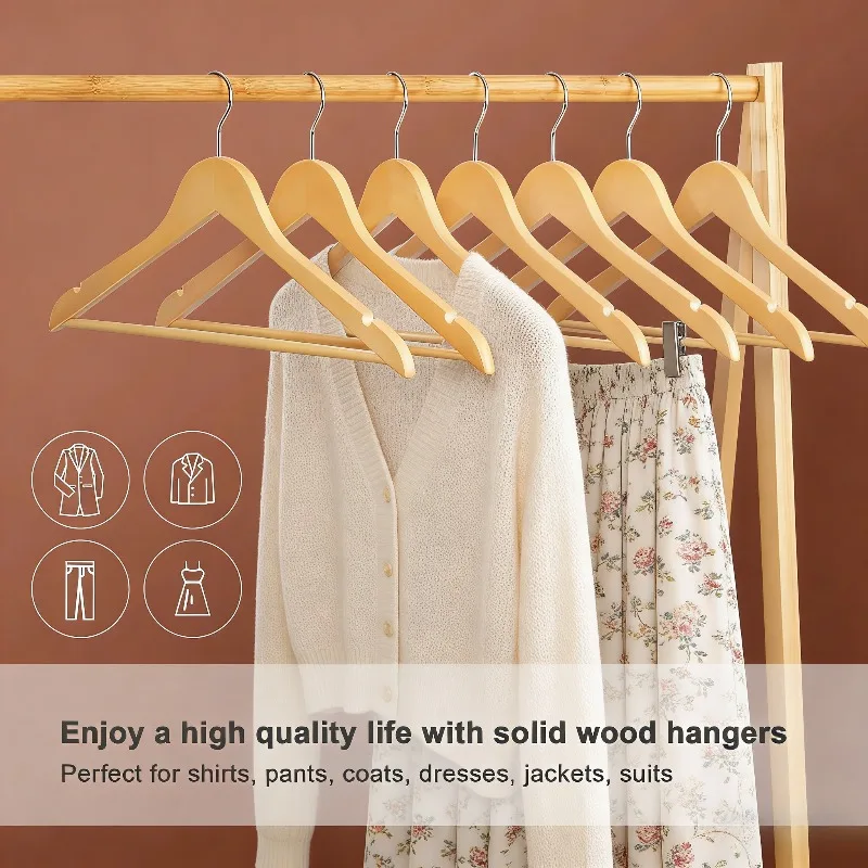 20pcs Non-Slip Wooden Clothes Hangers with Grooves, Solid Wood Clothing Rack for Wardrobe Bedroom & Clothing Store
