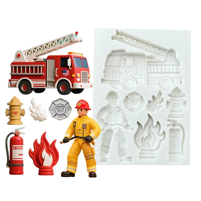 Feuerwehrmann Feuerwehrauto Feuerlöscher Silikon-Zuckergussform Harzwerkzeuge Cupcake-Backform Fondant-Kuchendekorationswerkzeuge
