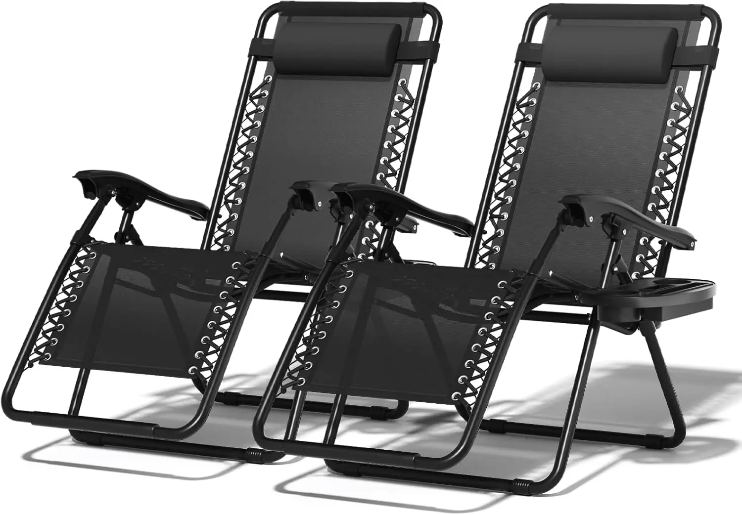 

Reclining Patio Lounge Chair with Adjustable Pillow and Cup Holder Trays for Outdoor, Patio, Beach, Camping, 2 Pack, Black