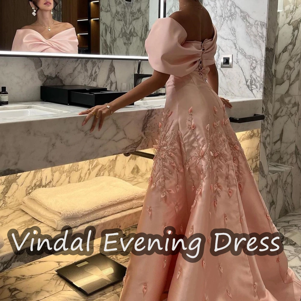 Vindal Floor Length Off-the-shoulder Neckline Evening Dress Elegant Built-in Bra Saudi Arabia Short Sleeves Satin For Woman 2024