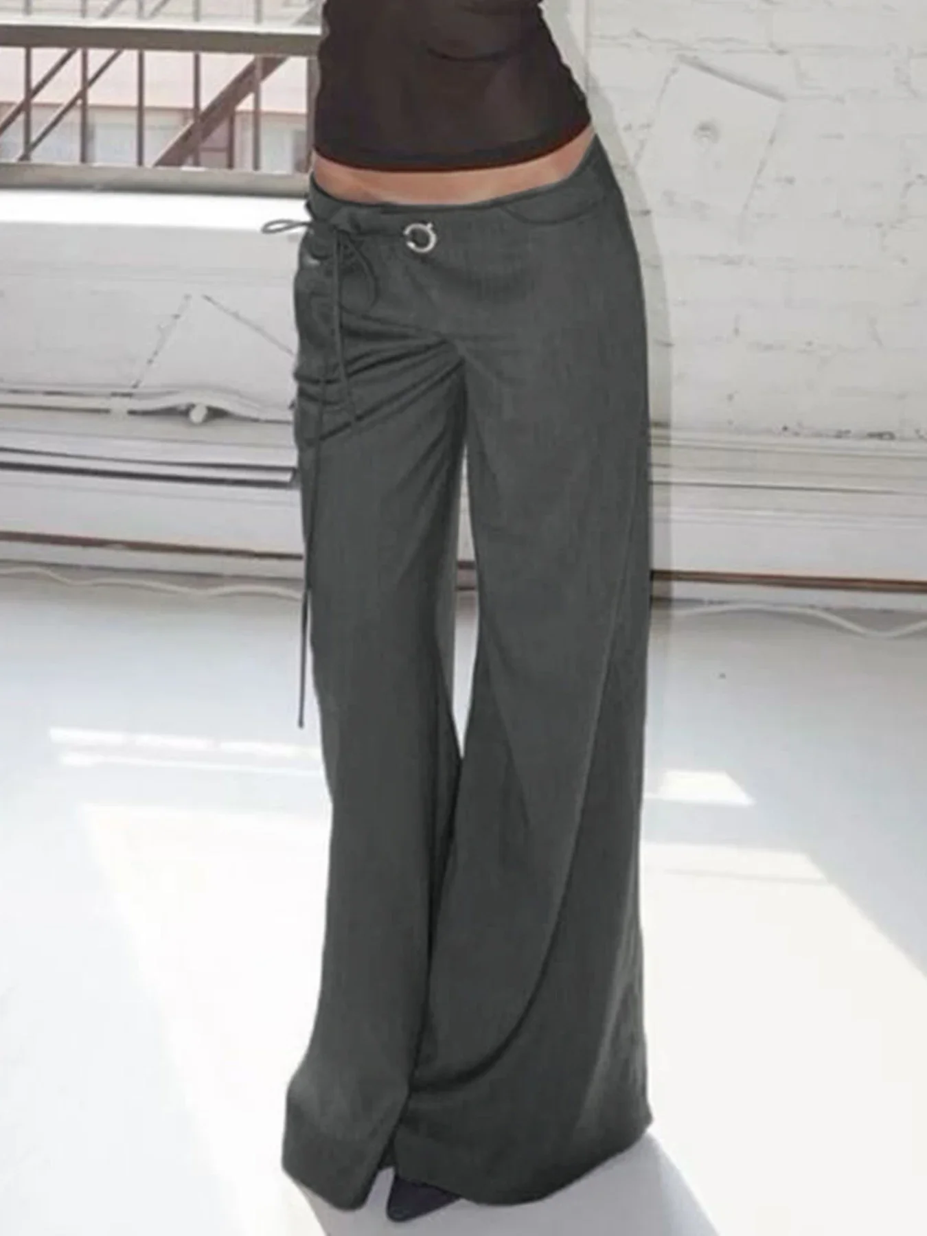 2025 Lace Up Loose England Style Trousers Fashion Low Waisted Solid Pants Vintage Aesthetic Leisure Bottoms for Women