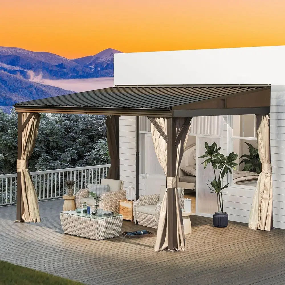 

Domi 8' x 12' Lean to Gazebo with e, Wall Mounted Gazebo Hardtop Galvanized Steel Sloping Roo with Curtains and Netting or Patio