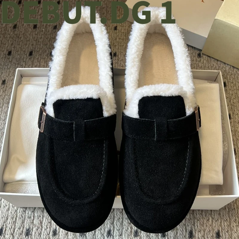 Winter Furry Loafers Suede Upper Australian Lambswool Lining, Metal Buckle Round Toe Comfortable Slip-Ons