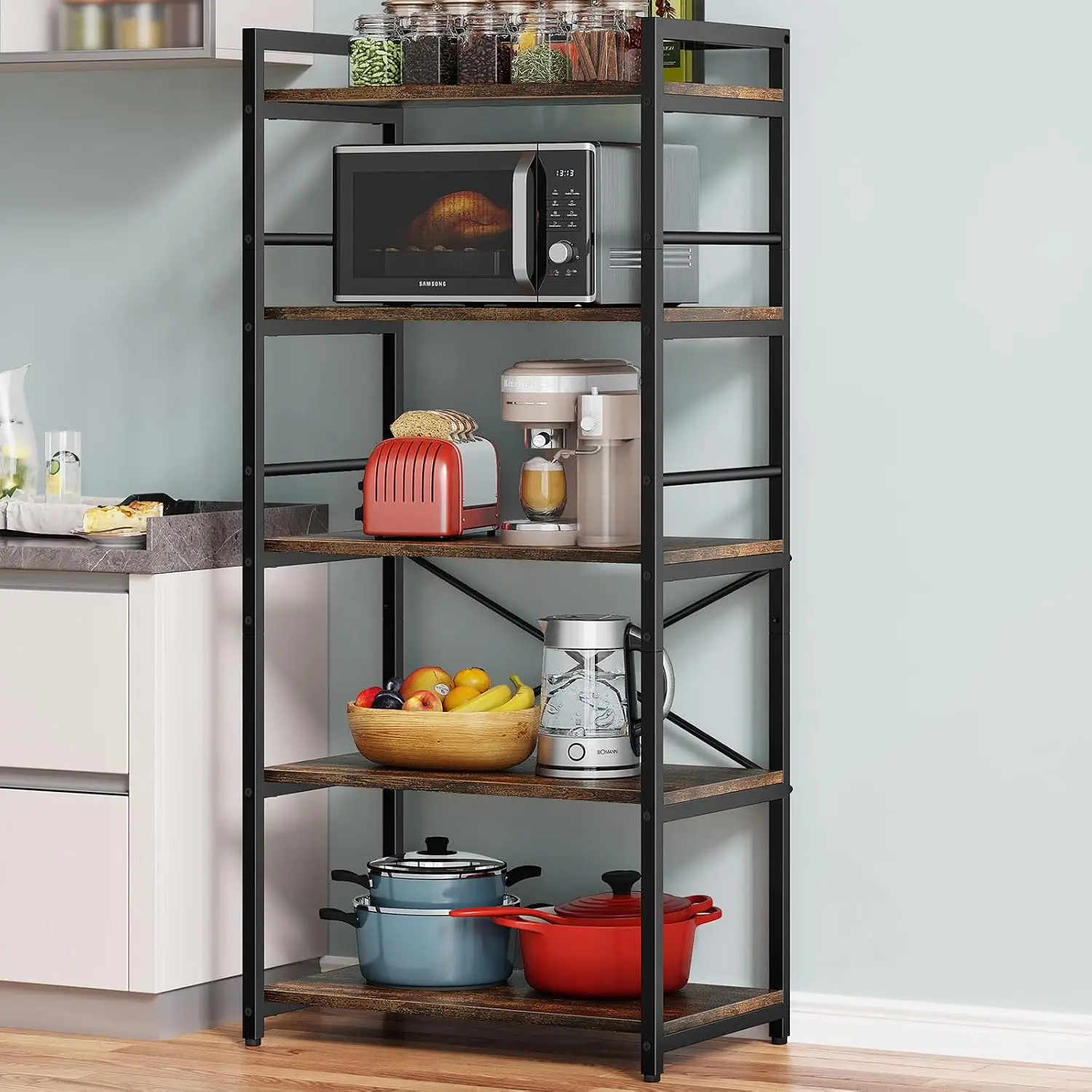 5 Tier Bakers Rack Kitchen Storage Industrial Microwave Stand Shelf Coffee Bar Small Spaces Free Standing Kitchen Storage Shelf