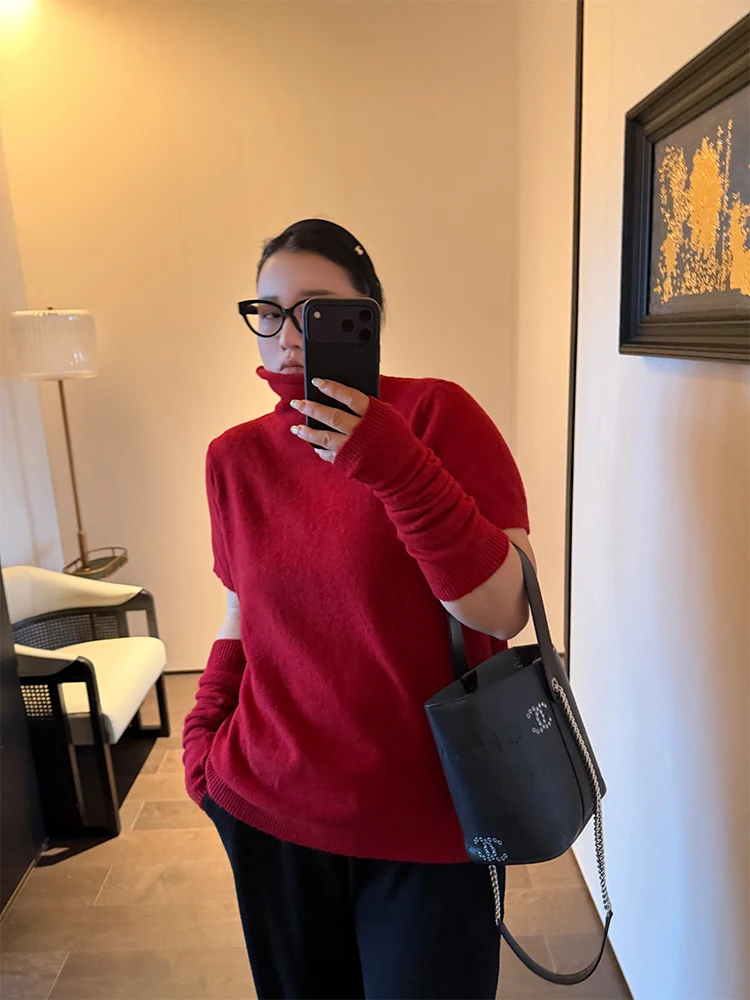 

Вязаная кофта больших размеров с высоким воротником, модная, многослойная, с пышными рукавами, свободного кроя, удобная, приятная к телу, повседневная.