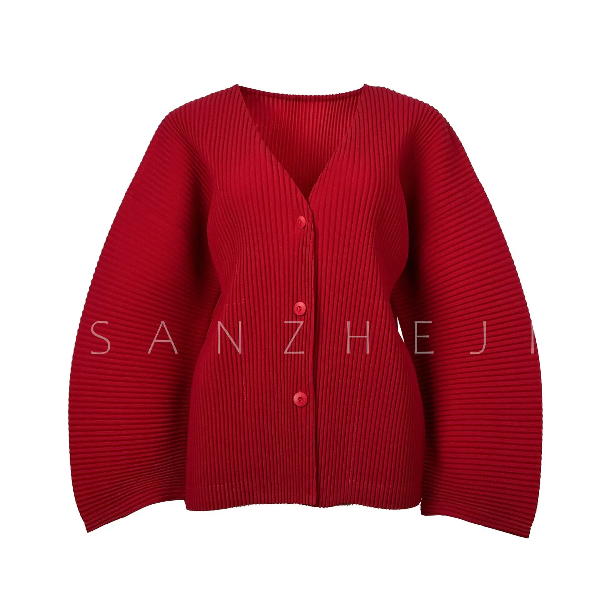 Miyake Women Navy Blue Pleated V Neck Cardigan, Loose Button Front Top, Casual Office Knit Blouse