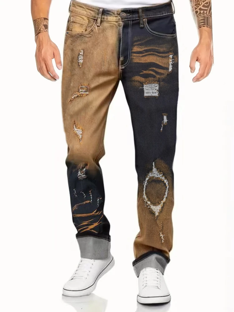 

Men's Two Tone Brown Black Jeans Distressed Patchwork Ripped Straight Leg Trousers Streetwear Hiphop Trendy Denim Casual Pants