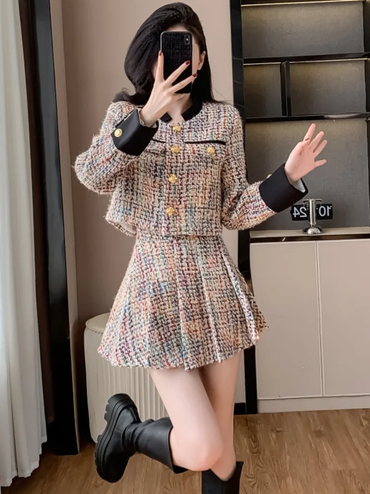 2024 Autumn Winter New Small Fragrant Fashion Set Women French Vintage Tweed Jacket Coat Rainbow Pleated Skirt Two Piece Sets