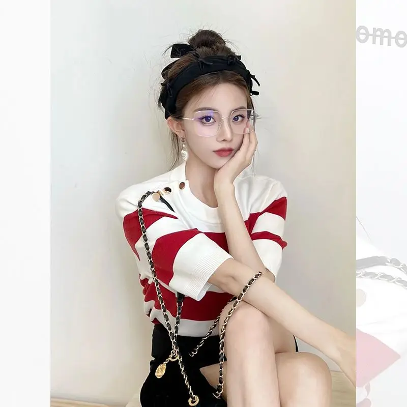 Unique Chic Red and White Striped Knit Ice Silk Short Sleeve T-Shirt Women\'s Fashion Clothing 2024 Summer Aesthetic Korean Style